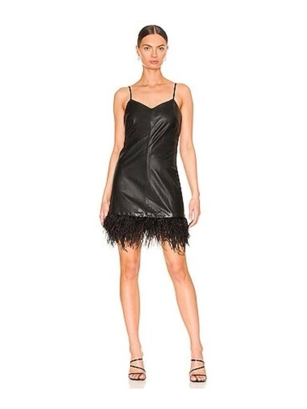 Lamarque Mollie Black Faux-Leather Slip Dress with Feather Trim Vegan Evening